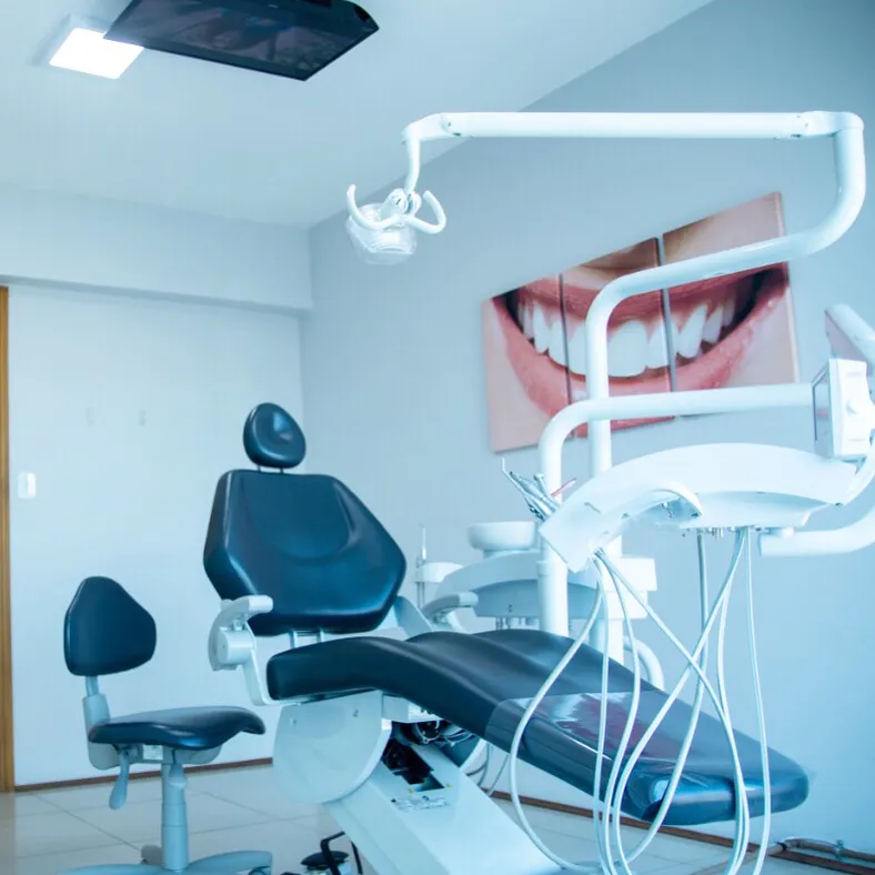 Cadeira odontológica azul no consultório, com quadro de um sorriso na parede